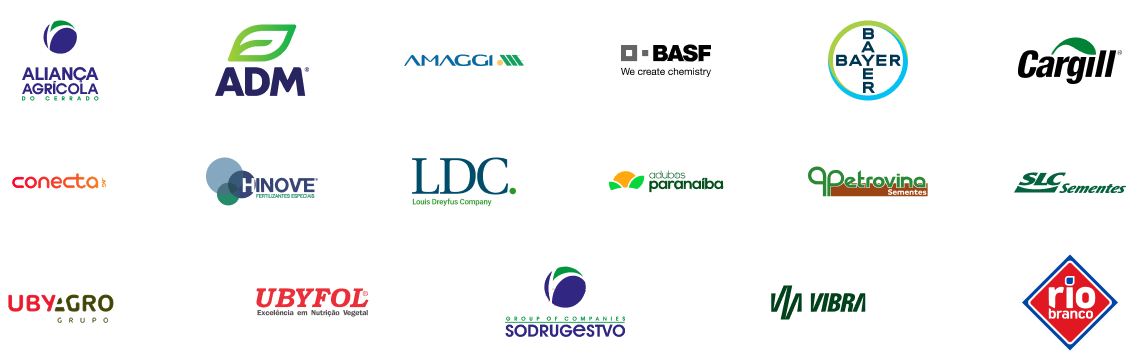 Logos das empresas parceiras da Grão Direto: ADM, LDC, CARGILL, AMAGGI e diversas outras.
